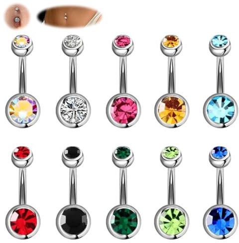 ZEPIQOR Lot de 10 Piercings de Nombril en Acier Inoxydable avec Double Pierre, piercing nombril, piercing nombril acier chirurgical, percing au nombril, 10 Couleurs, Calibre 14 (1,6 mm x 11 mm)
