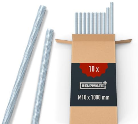 HELPMATE Asta filettata M10 x 1000 mm in acciaio zincato - 10 pezzi barra filettata con filettatura metrica completa - Perni filettati con classe di resistenza 4.8, DIN 976
