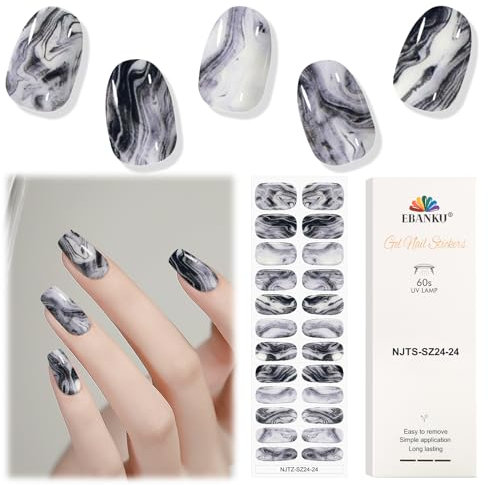 EBANKU Semi Cured Gel Nail Strips, 24PCS Gel Nail Stickers - Easy to Apply & Remove for Salon-Quality Pedicure - Marble Black
