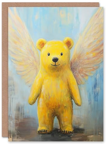 Artery8 Greeting Card Cute Yellow Teddy Bear With Wings Oil Painting Blank For Him Or Her Art Birthday Card