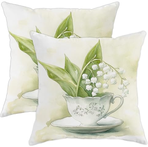 Maiglöckchen-Kissenbezüge, weich, grün, Blumenmuster, Frühlingsdekor, quadratisch, Landhaus-Dekor-Kissen für Wohnzimmer, Sofa, Bett, Couch, 40,6 x 40,6 cm, 2 Stück