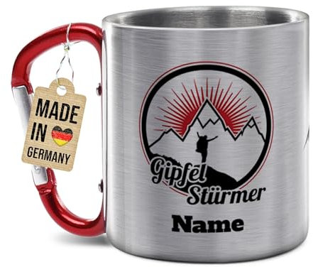 Tassendruck Edelstahl-Tasse mit Name selbst gestalten - Gipfelstürmer - Geschenk für Wanderer, Bergsteiger, Kletterer - Personalisiertes Geschenk, Karabiner-Tasse, 200 ml