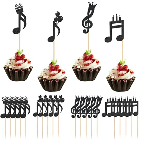 Amexo Musiknoten Ausschnitte Tortendeko 24 Stück Cupcake-Topper mit Musiknoten, Noten Deko, Musik Party Dekorationen Glitzer Kuchen Deko, Musical Symbol Cupcake Toppers für Rock Musikpartys (Schwarz2)