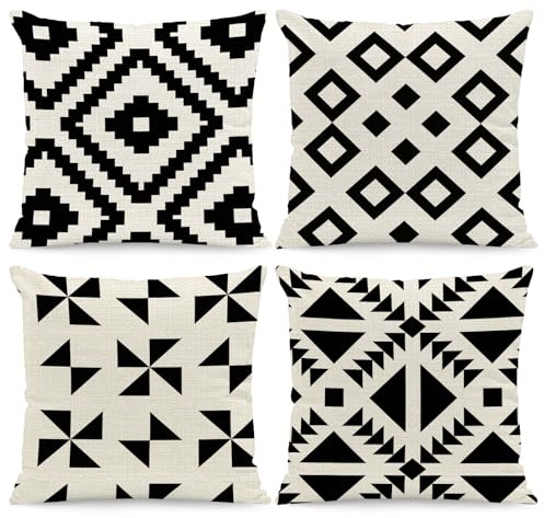 BREASOME Kissenbezug 45x45 cm 4er Set Kissenbezüge Geometrisches Muster Schwarz und Weiß Leinen Kissenhülle Dekorative Sofakissen Dekokissen Zierkissenbezug für Sofa Couch Wohnzimmer Schlafzimmer