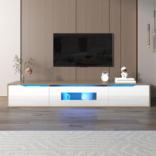 Merax Meuble TV blanc brillant de 180 cm avec lumière LED, changement de couleur, 16 couleurs, design rainuré, montage mural possible, blanc + couleur bois