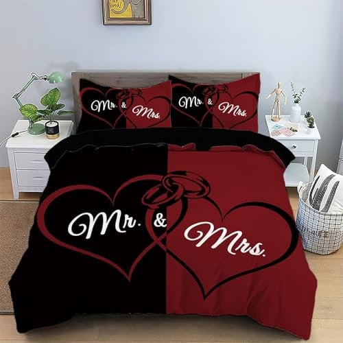 TKCQX Bettwäsche 155x220 Paar Herz Bettwäsche Set Schwarz Rot Mr und Mrs Bettbezug aus Mikrofaser mit Kissenbezug 80x80 cm