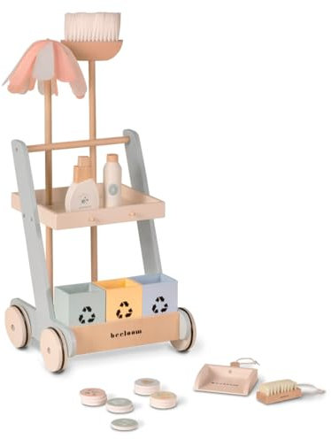 BEELOOM - Beeclean Kit de Limpieza y Reciclaje para niños, Juguete Educativo de Madera Natural, Color Turquesa, con 10 Accesorios, A Partir de 2 años