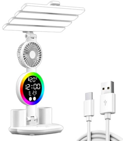 Vynetra Lámpara de mesa LED flexible con 4 luces personalizables, color y brillo, lámpara de escritorio recargable con ventilador para estudio