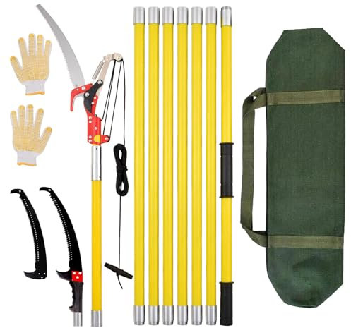 Podadora telescopica 8 m | longitud ajustable,2-in-1 tijera podar telescopica manual con bolsa de lonas y guantes, pertiga podar, juego de herramientas forestales(Amarillo)