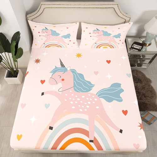 Homemissing Niedliches Einhorn Spannbettlaken 90x200cm Träumiges Pferd Bettlaken Set für Kinder Jungen Mädchen Dekor Cartoon Einhorn Regenbogen Liebe Herz Spannbetttuch Weiche Schlafzimmer Dekor