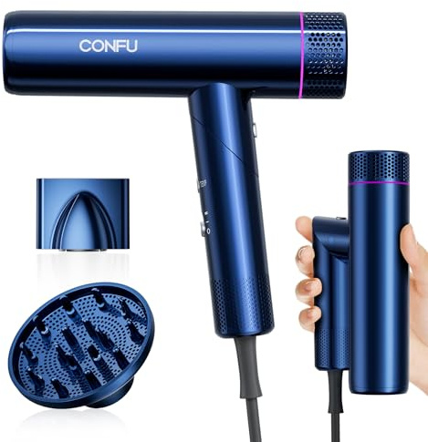 CONFU Ionen Föhn Klappbar Fön Reisefön Professioneller Salon Haartrockner 1700W Leicht und Leise Magnetischer Diffusor und StylingDüse, für Hause Salon und Reisen
