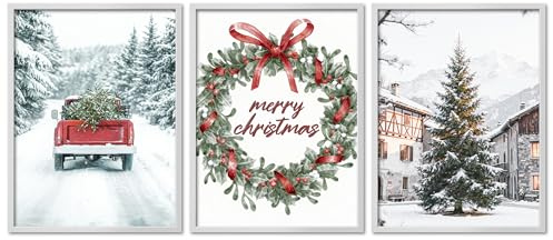 ARTFAVES® Poster Set - Merry Christmas - 3-teilige Bildercollage Wohnzimmer, Schlafzimmer - moderne Wandbilder Weihnachten, Winter - 30x40 cm - mit Rahmen Weiss