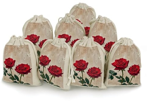 Cotton Muslin Bag 8 Pack Drawstring Gift Bags Reusable Red Vintage Rose Gift Pouches for Party Favors Jewelry Spice Sachet Birthday Party Bridal Shower Wedding Home Storage 5 X 7 Inch