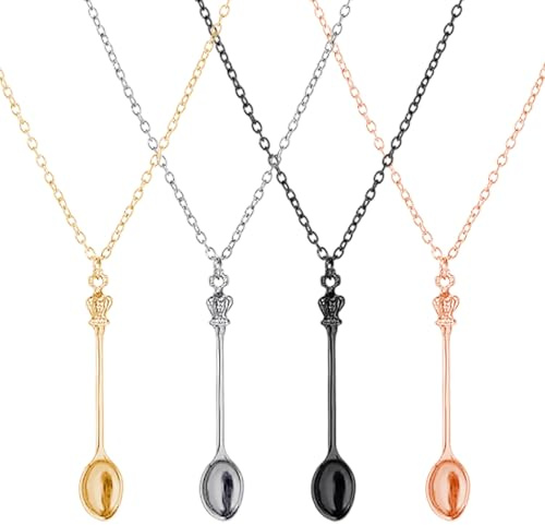 CERCTLA 4 Pcs Spoon Necklaces Set, Antique Style Mini Spoons Necklace Charms, Vintage Spoon Necklaces Set for Women Girl Jewelry Accessory Gift (Silver,Gold,Rose Gold,Black)