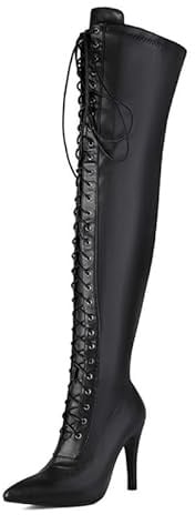 Veelau Meieer Damen Overknee Stiefel mit Schnürung – Spitze High Heels Schnürstiefel Stiletto mit Reißverschluss