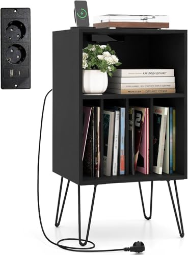 COSTWAY Plattenspieler Regal mit Ladestation, 3-stufiger Schallplatten Aufbewahrung mit Regal & 4 Trennwänden, Schallplattenständer, für Wohnzimmer, Schlafzimmer (Schwarz)