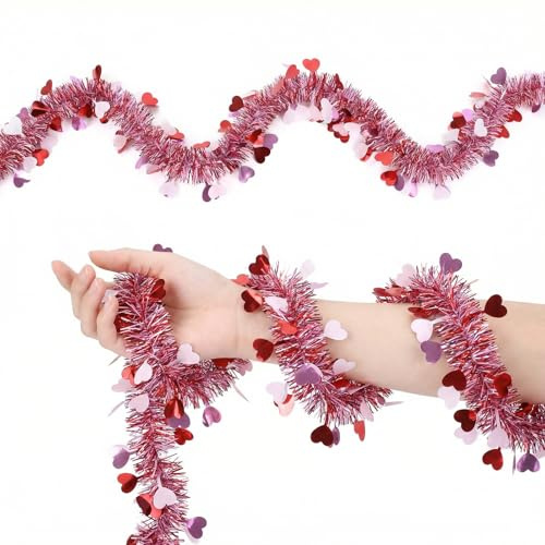 ZingBox 2 Stück Valentinstag Herz Lametta Girlande, 2M Rot Rosa Weiß Lametta Herz Girlande, Herzförmige Lamettas Girlanden, Glitzer Lamettas Herz Girlande für Hochzeitstag, Geburtstag, Hochzeit, Party