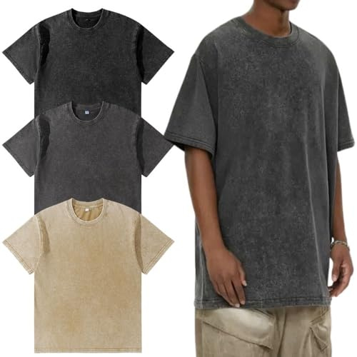 Men’s Oversized T-Shirt,Pack of 3, Men's Basic Cotton T-Shirt Summer，Retro Washed Top, Unisex Fashion, Hip Hop Vintage Casual Tee Shirts