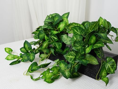 VOELIGT 2 Fake Pothos Hanging Plants Artificial Pothos Plant with Pots Faux Hanging Plants Office Decor Low Maintenance Fake Vines Artificial Greenery for Indoor - Green & Yellow
