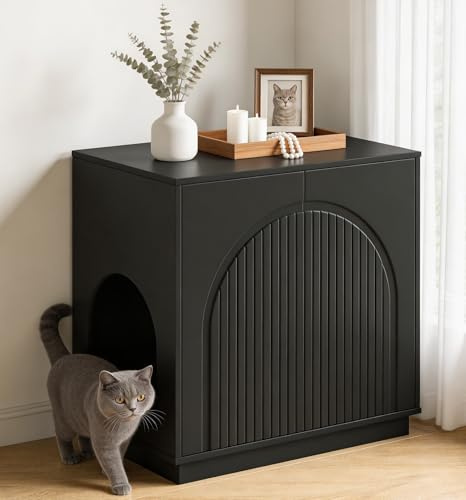 Large Cat Litter Box Enclosure, Hidden Cat Litter Cabinet, Wooden Litter Cupboard with 2 Doors Cabinet and Adjustable Shelf for Living Room Bedroom Dining Room, 80x50x79cm (Black)