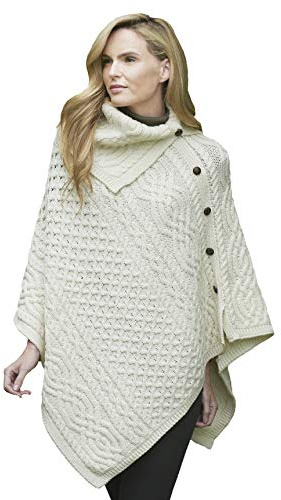 Aran Crafts Women's Cable Knit Wool Buttoned Cowl Neck Poncho (CW4784-M/L-NAT) Natural