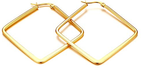 Flongo Damen Groß Ohrringe, 20-50mm Breite Edelstahl Gestüt Reifen Huggie Ohrringe Creolen Gold Golden große viereckig quadratisch Poliert Charme Elegant Damen Frauen