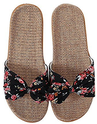 Pantoufles Femme Sandales Plage en Lin Chaussons Antidérapantes Tongs Décoration de N½uds Papillons Chaussures Bout Ouvert Respirant Slippers Salle de Bain Piscine Maison Bureau Noir, 39-40 EU