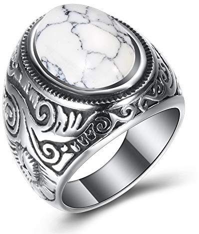 VQYSKO Ring Herren Edelstahl Ring Türkis Tigerauge Weißes Türkis Stein Klassiker Retro Vintage Edelstahl Biker Herren Ringe Große Größe (Weißes Türkis, 76 (24.2))