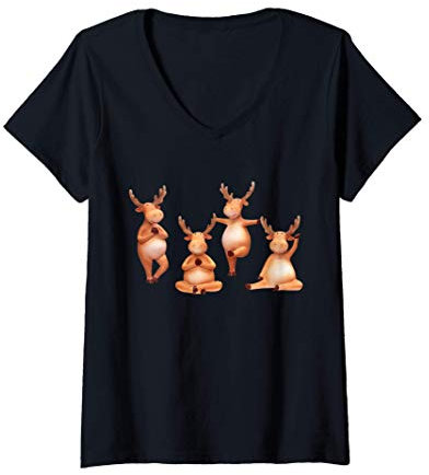 Damen Weihnachten Rentier Yoga Posen Urlaub Winter Gymnastik T-Shirt mit V-Ausschnitt