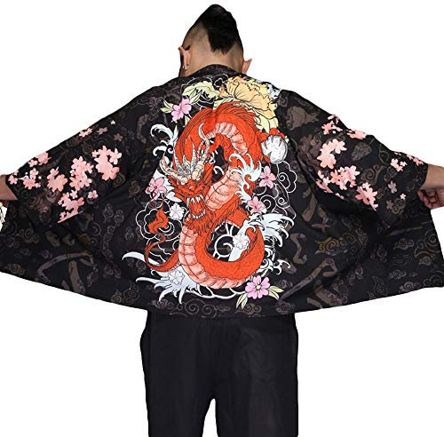 G-like Cardigan kimono d'été pour homme - Vêtements japonais traditionnels Haori Costume Taoïste Robe à manches longues Veste de style chinois cape chemise de nuit pour homme, dragon, taille unique