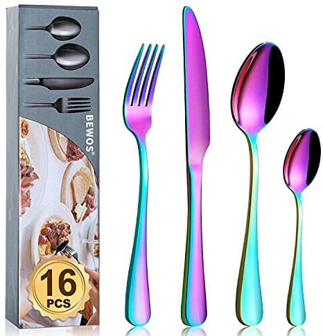 Cutlery Set, BEWOS 16-Piece Stainless Steel Flatware Set, Tableware Silverware Set with Rainbow Spoon Knife and Fork Set, Service for 4, Dishwasher Safe/Easy Clean, Mirror Polished