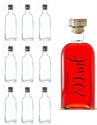 Botellas vacías de 700 ml Botella de Vino Botella de Licor Botella de Aceite Botella de vinagre de Cristal, 0,7 litros, Botella Corcho (9 unidades)