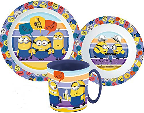 Une Juego de vajilla infantil con plato, cuenco para cereales y vaso, incluye cubiertos (reutilizables) compatible con (Minions)
