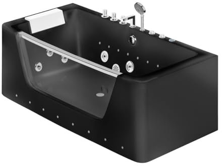 Vente-unique-Baignoire balnéo vitrée semi-îlot à leds DYONA - 1 place - 260L - 170 * 85 * 58cm - Noir brillant