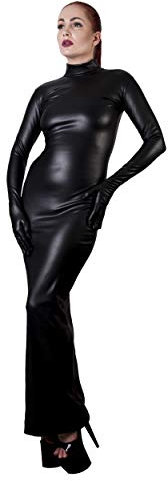 Rubberfashion Leder Abend Kleid lang - Langes Damenkleid Langarm für Damen ohne angearbeitete Handschuhe Kunstleder schwarz XL