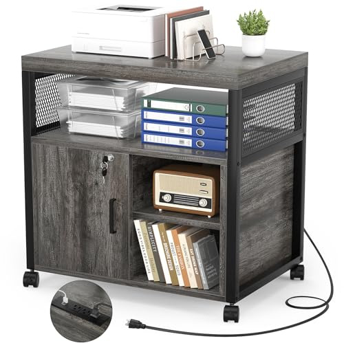 Unikito Rolling Aktenschrank Seitliche Büro Aktenschränke mit Steckdose und USB Ladeanschluss, Moderner Druckerständer auf Rädern, abschließbar, Eiche schwarz