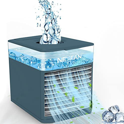 Qinux Nexfan EVO PRO Aire Acondicionado Portátil Mini 3 en 1 Aire Acondicionado USB Enfriador de Aire y Humidificador 3 Velocidades Ajustables, Luces LED Ventilador para Hogar y Oficina, Azul