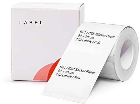 NIIMBOT B21/B3S Etikettenband 5 cm x 7 cm (50 × 70 mm), wasserdichtes Aufkleberpapier, Versandadresse, Etikettierung, Ersatz, selbstklebend, 1 Rolle mit 110 Stück (weiß)