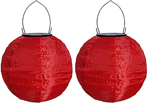 Yeehliny Solar Lampions Außen Wetterfest Solar LED Laterne Wasserdicht Nylon Garten Laterne Solarlaterne für außen Hängend Solarlampiongs Runder Lampenschirm Garten Deko Außendeko (20cm/2PCS/Rot)