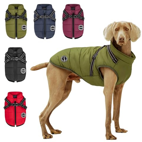 Aimydog Hundemantel Winter, Wärme Hundejacke Mit Brustgurt Gurt Winddichte mit bauchschutz, Haustier Outdoor Reflektierend Hundeweste mit Fleece Gefütterte für Kleine (Grün, L)