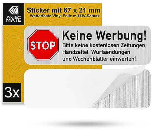 Briefkastenaufkleber Keine Werbung, 3 Stück, 67 x 21 mm, selbstklebende Folie in Edelstahl Optik, Briefkastenschild für Innen- und Außenbereich, Keine Reklame Aufkleber, Klebeschild gegen Werbung