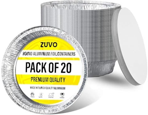 Zuvo Round Aluminium Containers – Pack of 20 Foil Flan Cases with Paper Lids - Foil Baking Trays, Silver
