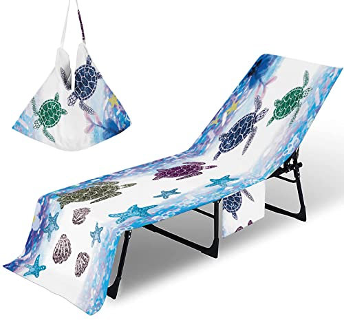 FANSU Schonbezug Für Gartenliege Frottee Liegenauflage Liegestuhl Handtuch mit Taschen, Sommer Graffiti Strandliegenauflage Weich Strandtuch für Reisen Schwimmen (75x210cm,Schildkröte)