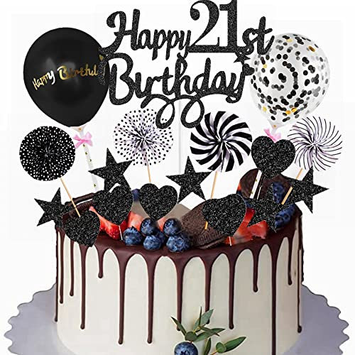 Yunchu Online Happy 21th Birthday Tortendeko Schwarz Tortendeko 21 Geburtstag Deko Kuchen Topper 21 jahre Mann Frau Kuchendeko 21. Geburtstag Schwarz Tortendeko für 21. Geburtstag Cupcake Toppers
