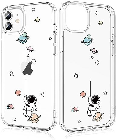 Losvick für iPhone 12 Pro/iPhone 12 Hülle, Astronaut Design Transparent Silikon Aesthetic Handyhülle Hartschale PC + Stoßfest TPU für Mädchen und Frauen Schutzhülle, 6,1 Zoll