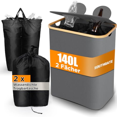 SOUTHGATE 140L Collecteur de Bouteilles Avec Couvercle, 2 Compartiments Poubelle Recyclage, 2 Réutilisables Sac Recyclage, Poubelle Tri Selectif Pour Plastique, Bouteilles Verre, Gris