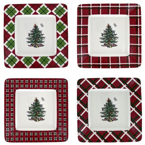 Spode Quadratischer Canape-Teller aus der Weihnachtsbaum-Kollektion, Set mit 4 Tellern für Salat, Vorspeisen, Süßigkeiten und Desserts, 17,8 cm Servierplatte
