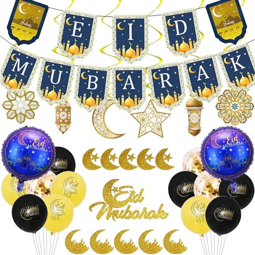 29 Stück Eid Mubarak Dekoration, Eid Mubarak Luftballons, Eid Mubarak Banner Aufhängen, Stern Mond Folienballon für Ramadan Mubarak Partydeko Schwarz Gold (Stil A)