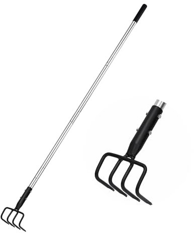 BARAYSTUS Cultivador manual de jardín de 4 dientes para deshierbe, cultivador de jardín con mango largo, para arar, girar, airear, escardar cultivador de mano larga