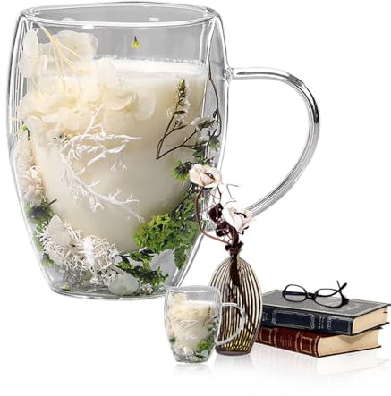 Xujuika Tazas De Café De Doble Pared Con Flores Secas De 350 Ml, Vidrio De Borosilicato, Decorativa Y Creativa para Té, Leche, Bebidas Frías